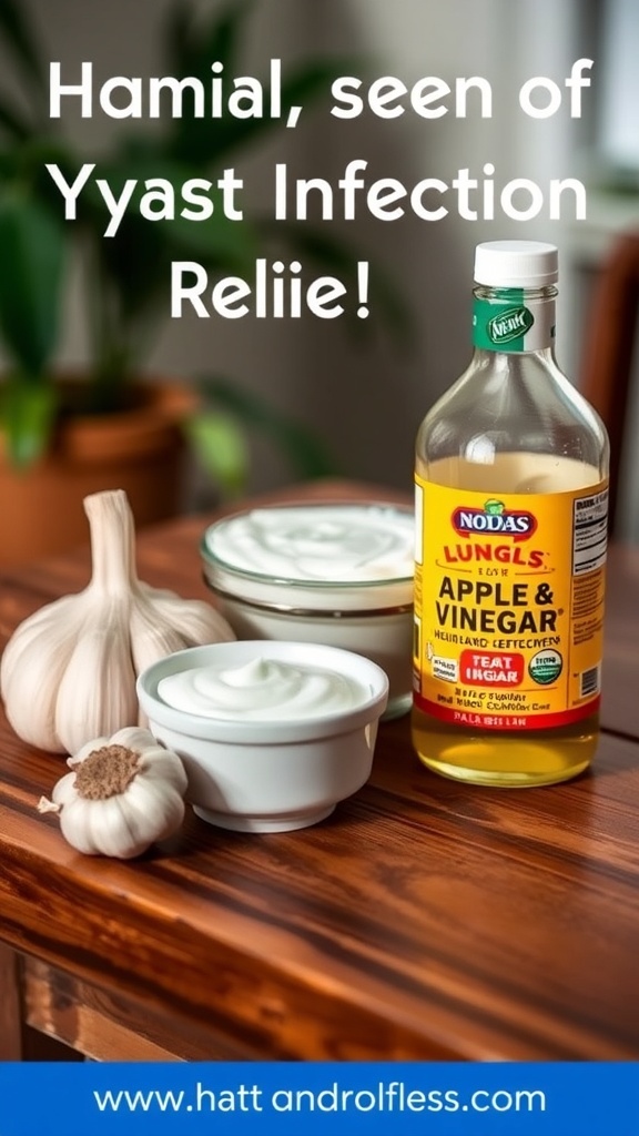 Effective Remedies for Fast Relief from Yeast Infections Natural remedies for yeast infection relief including garlic, yogurt, and apple cider vinegar on a wooden table.